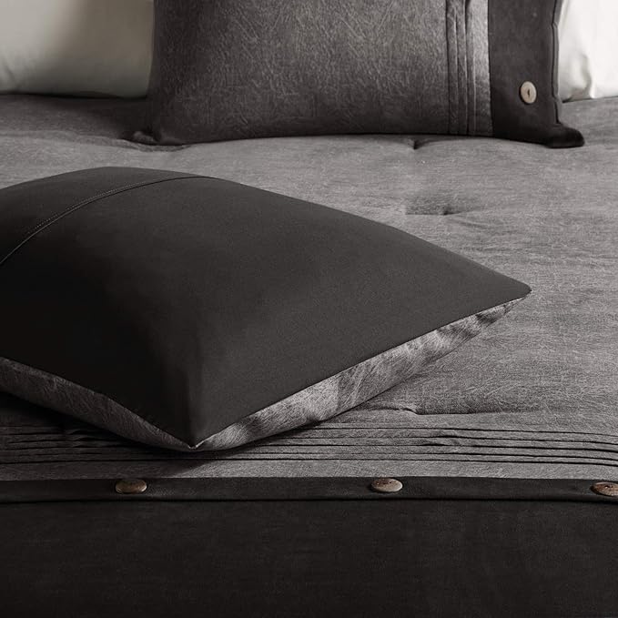 Madison Park Boone Cozy Comforter Set, Faux Suede, Deluxe Hotel Styling All Season Down Alternative Bedding Matching Shams, Decorative Pillow, Queen (90 in x 90 in), Rustic Grey 7 Piece,Dark Gray