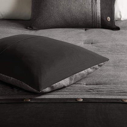 Madison Park Boone Cozy Comforter Set, Faux Suede, Deluxe Hotel Styling All Season Down Alternative Bedding Matching Shams, Decorative Pillow, Queen (90 in x 90 in), Rustic Grey 7 Piece,Dark Gray