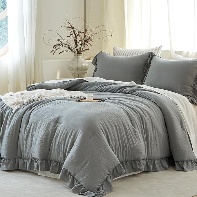 Grey Ruffle Comforter Set Twin, Pre-Washed Shabby Chic Bedding Set, Lightweight Cottagecore Soft Romantic Cozy 1 Comforter & 1 Sham, All-Season