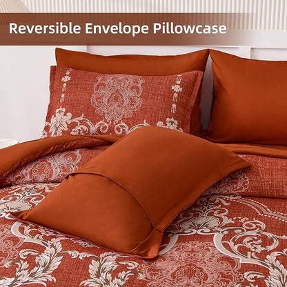 Mybedsoul 7 Pieces Terracotta Comforter Set Queen Size, Damask Bed in a Bag for Queen Bed, Lightweight Microfiber Boho Bedding Sets with Comforter, Sheet, Pillowcases & Shams for All Season (90"x90")