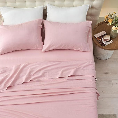 Simple&Opulence Belgian Linen Sheet Set Solid Color - 4 Pieces (1 Flat Sheet & 1 Fitted Sheet & 2 Pillowcases) Natural Flax Cotton Blend Soft Bedding Breathable Farmhouse - Pale Pink, Queen Size