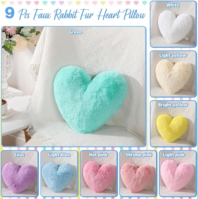 9 Pcs Pastel Colors Easter Heart Pillow Faux Rabbit Fur Fluffy Love Heart Throw Pillows Cute Decorative Soft Throw Cushion Gift for Women Couch Bed Sofa Chair Home 11 in