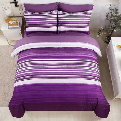 KAKIJUMN 5 Piece Bed in a Bag Stripe Comforter Set Twin Size, White and Purple Patchwork Striped Comforter and Sheet Set, All Season Soft Microfiber Complete Bedding Sets(Purple,Twin)