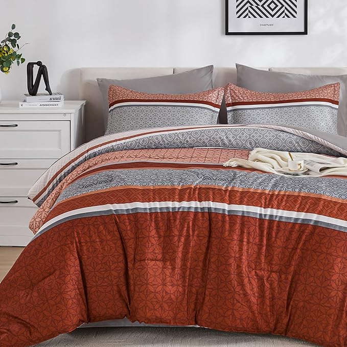 WONGS BEDDING 7 Pieces Comforter Set Queen Size, Burnt Orange Striped Bed in a Bag Comforter and Sheet Set, Boho Soft Lightweight Micorfiber Bedding Set for All Season (90"×90")