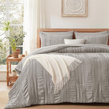 Grey Tufted Comforter Set King Size 7 Piece Bed in a Bag，Shabby Chic Boho Bedding for Bedroom Comforter，All Season Soft Microfiber Ruffle Comforter Set with Pillow and Sheets