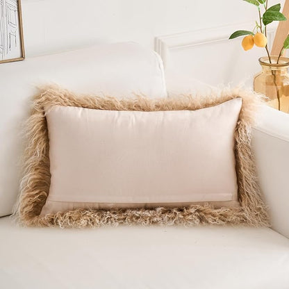 Genuine Mongolian Lamb Fur Pillow Cover – 12"x20" Rectangular Cushion Case – Soft Curly Wool Decorative Accent for Sofa, Bed, or Chair (Frosted Beige)