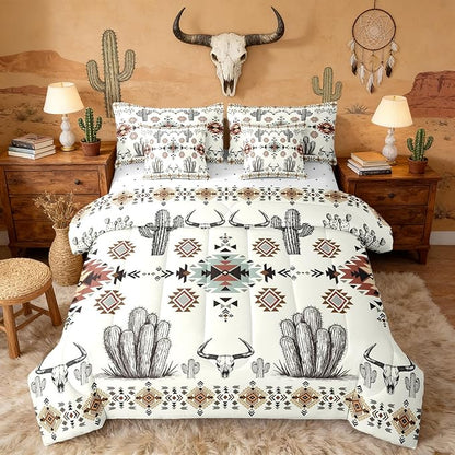 Erosebridal Khaki Southwestern Queen Comforter Set with Sheets 7 Piece Vintage Western Aztec Bed in A Bag Rustic Country Geometric Bedding Sets for Men Adults Boho Tribal Cactus Bull Skull Bed Set