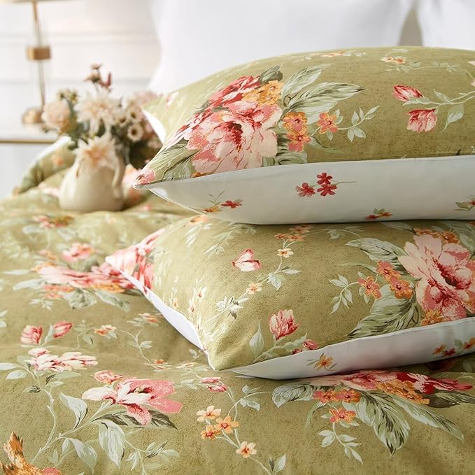 mixinni Floral Comforter Set Twin XL Size Green, 3 Pieces Garden Style Botanical Flowers Leaves Comforter Set, Soft Fluffy Reversible Farmhouse Boho Comforter and 2 Pillowcases for All Season