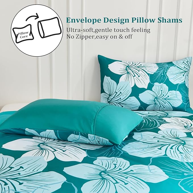 Menghomeus Queen Comforter Set Gradient Teal Bedding Floral Comforter Sets - Soft Microfiber Bed Comforter Set for All Season, 3 Piece Botanical Flowers Comforter, Pillowcases