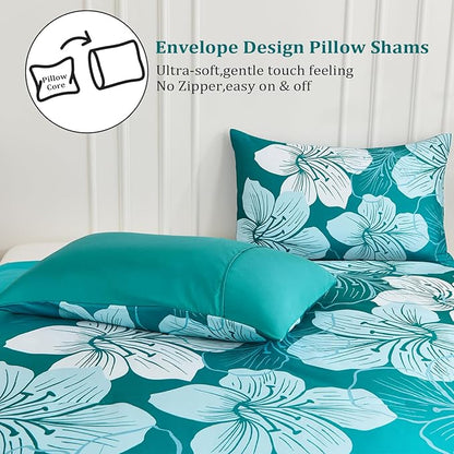 Menghomeus King Comforter Set Gradient Teal Bedding Floral Comforter Sets - Soft Microfiber Bed Comforter Set for All Season, 3 Piece Botanical Flowers Comforter, Pillowcases