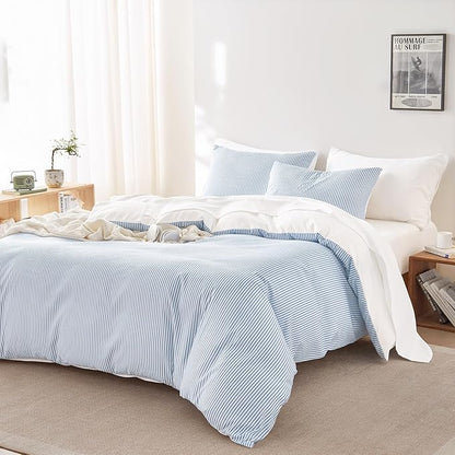 Wake In Cloud - Striped Comforter Set with Sheets, Ticking Stripe Vertical Pinstripe Neutral Farmhouse Pattern Printed, 7 Pieces Bed in a Bag, Blue White, Queen Size