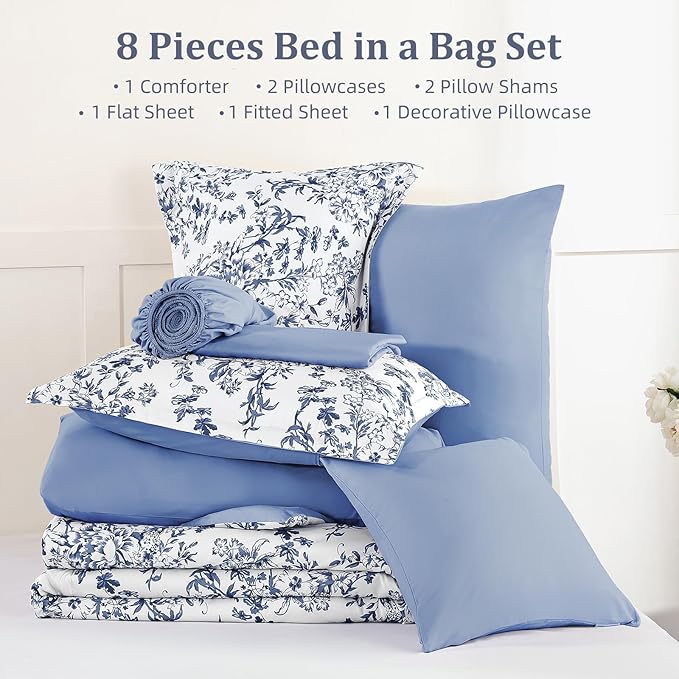 WONGS BEDDING Blue Floral Comforter Set Queen Size, 8 Pieces Flower Botanical Bed in a Bag Bedding Set, Soft Microfiber Comforter, Sheets, Pillowcases & Shams (90"x90")