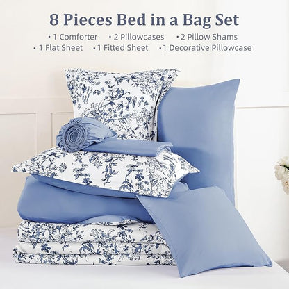 WONGS BEDDING Blue Floral Comforter Set Queen Size, 8 Pieces Flower Botanical Bed in a Bag Bedding Set, Soft Microfiber Comforter, Sheets, Pillowcases & Shams (90"x90")