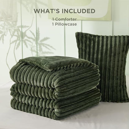 Bedsure Twin/Twin XL Comforter Set - GentleSoft™ 2 Pieces Fluffy Double-Side Fleece Comforter Set, Cozy Striped Room Decor Aesthetic, Luxury Olive Green Twin Bedding with 1 Pillowcase, 68x88 Inches