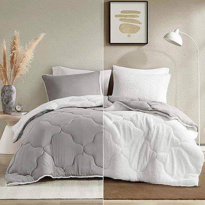 Comfort Spaces Comforter Set, Chic Reversible Quatrefoil Quilting, Sherpa Comforters King, All Seasons, Lightweight Microfiber Bedding Set Matching Sham, Vixie, King Grey/White 3 Piece