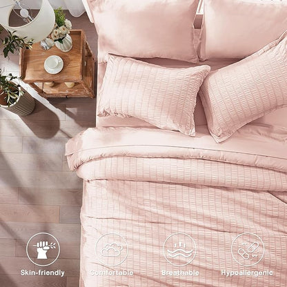 Zzlpp Twin Comforter Set - 5 Pieces, Pink Seersucker Bed in a Bag with Comforter, Pillow Sham, Pillowcase, Flat Sheet, Fitted Sheet