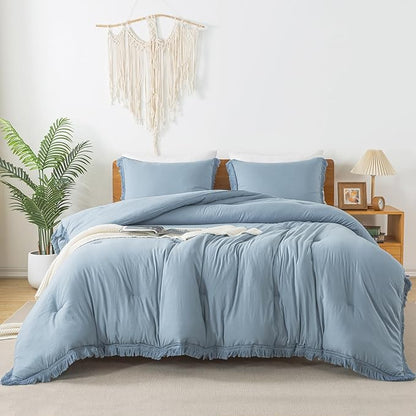 Andency Grayish Blue Comforter Set King Size, 3 Pieces Boho Tassel Lightweight Bedding Comforter Sets, All Season Soft Fluffy Fringe Bed Set (104x90In Comforter & 2 Pillowcases)