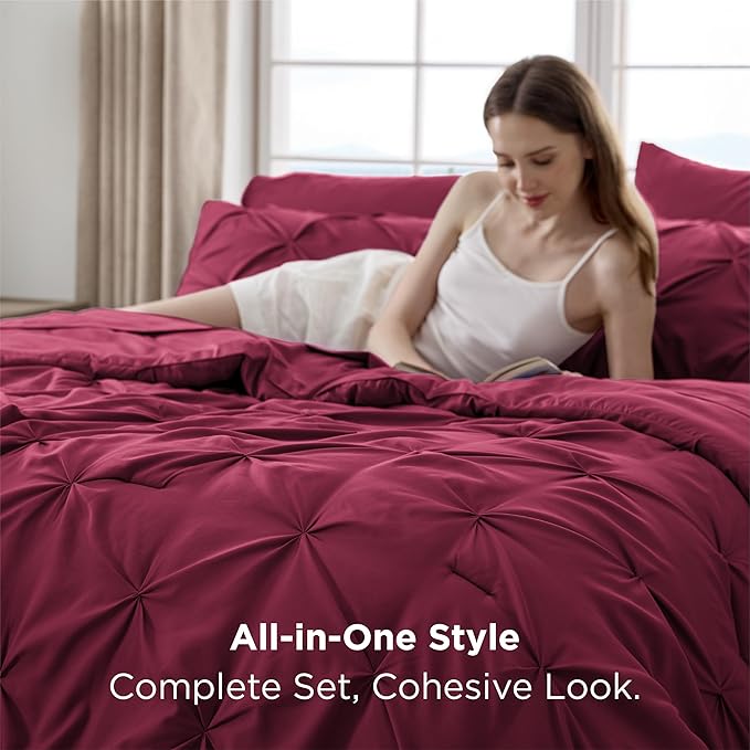 Bedsure Full Comforter Set Dark Red - Bed in a Bag Full Size Bedding Set 7 Pieces, GentleSoft™ Pintuck Bed Set Gift for Family, Pinch Pleat All Season Comforter with Sheets, Pillowcases & Shams