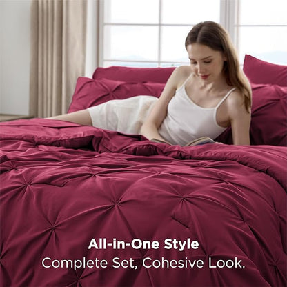 Bedsure California King Comforter Set Dark Red - Bed in a Bag Cal King Bedding Set 7 PCS, GentleSoft™ Pintuck Bed Set Gift for Family, Pinch Pleat Dark Red Comforter with Sheets, Pillowcases & Shams