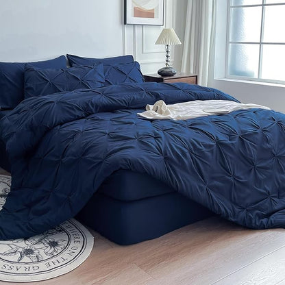 Maple&Stone Navy Blue Comforter Queen Size, 7 Pieces Bed in a Bag Queen, Pintuck Bedding Sets with Comforter, Sheets, Pillowcases & Shams - Navy