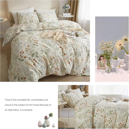 mixinni Floral Comforter Sets King Size Bed Fluffy Green Leaves Red Flower Print on White Comforter Set, 3 Pieces Cute Botanical Bedding Set with 2 Pillowcases for All Season
