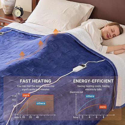 Electric Heated Blanket King Size 90''x100'' Soft Flannel & Sherpa Electric Blanket with 10 Heating Levels, Automatically Shut Down After 8h with Overheat Protection Machine Washable