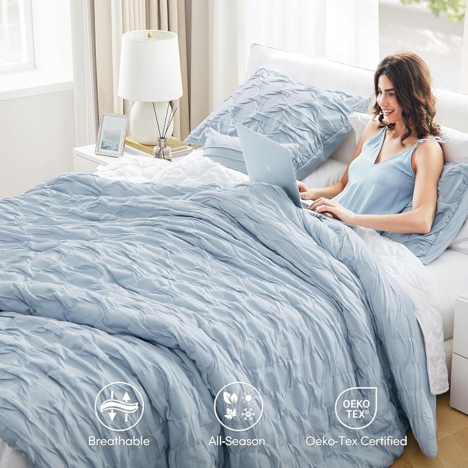 Comfort Spaces Comforter for King Size Bed, Ogee Ruched with Crinkle Texture, Breathable Comforter Set King, All Season Lightweight Bedding Set, Shams, Décor Pilow, King/Cal King Blue 4 Piece