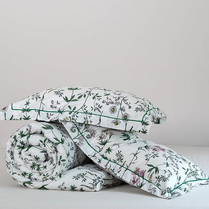 Cotton Comforter King Size Set – White Green Botanical Floral Bedding, Soft & Breathable Comforter, All-Season Down-Alternative Filling, 1 Comforter & 2 Pillow Shams