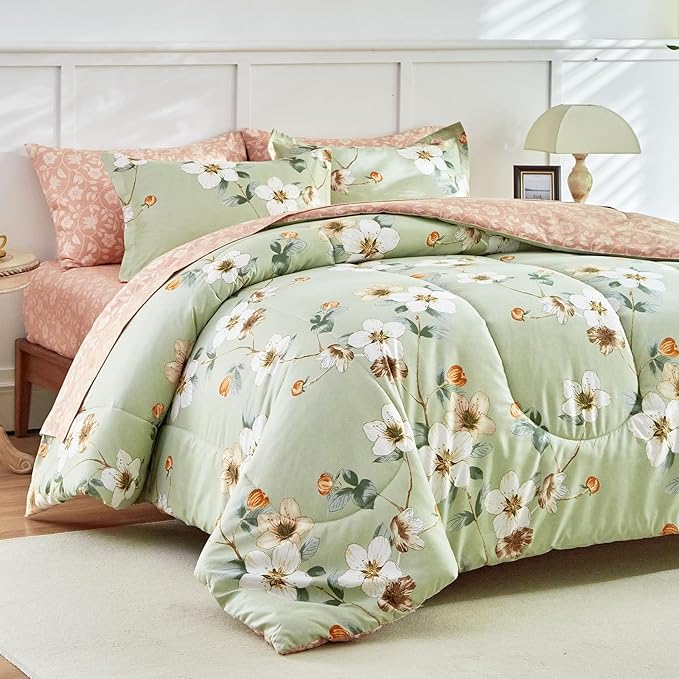 AIKASY 7 Piece Floral Comforter Set Queen Size - Soft Microfiber Bed in a Bag with Sheet Set for All Seasons - Green Flower Botanical Design - Reversible Bedding Set