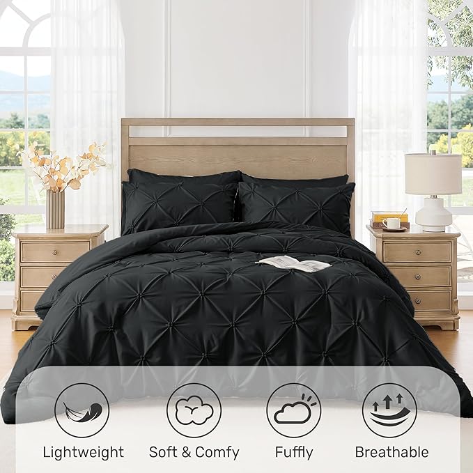 UNIKOME Queen Comforter Set Black - Ultra Soft Boho Pintuck Down Alternative Bedding Set for All Seasons, 3 Pieces Lightweight Warm Pinch Pleat Bed Set with Comforter, 2 Pillowcases