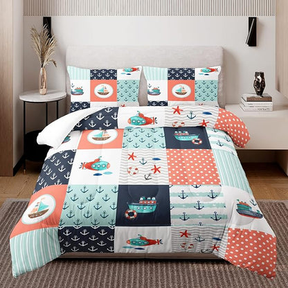 HOSIMA Nautical Bedding Set,Plaid Patchwork Pattern Hand Painted Seaplane,Boat and Anchor Comforter for Boys Kids Girls Bedroom Decor,Sea Adventure Theme Comforter Full Size with 2 Pillowcases.
