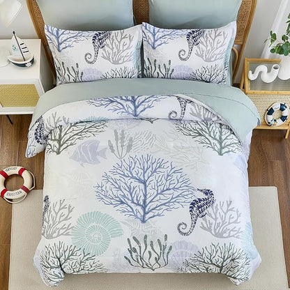 WONGS BEDDING Comforter Set Queen，Coastal Beach Theme Bedding Set, 7 Pieces Ocean Nautical Seaweed & Starfish Bed in a Bag for All Season(90"×90")