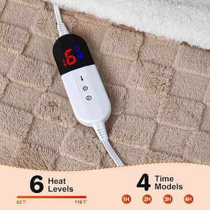 Electric Blanket Throw - Soft Checked Flannel with 6 Heating Levels, 4 Hours Auto-Off, Fast Heating, ETL & FCC Certified, 50"x60", Overheating Protection, Cozy Heated Blanket Throw（Khaki）