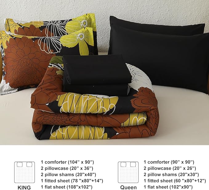 Yiran 7 Pieces Boho Floral Comforter Sets Black Brown Yellow Lightweight Comforter Bed in a Bag Flowers Microfiber Bedding Set for All Season,King Size 104''x90''