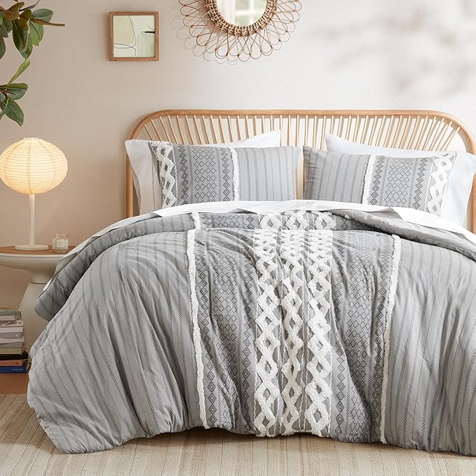 INK+IVY Imani 100% Cotton Duvet Mid Century Modern Design, All Season Comforter Cover Bedding Set, Matching Shams, King/Cal King, Gray Chenille Tufted Accent 3 Piece