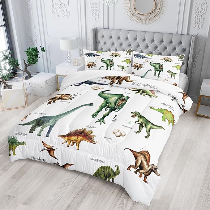 Dinosaur Comforter Set for Kids Teens and Adults King Size，Dinosaur Printed Quilt Set for Bedroom Soft Microfiber All Season Print Quilt Set with 1 Comforter and 2 Pillow Case