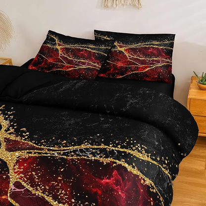 Black Gold Comforter Set 8 Pcs Red Marble Bedding Queen Size Bed in A Bag Stone Texture Abstract Room Decor