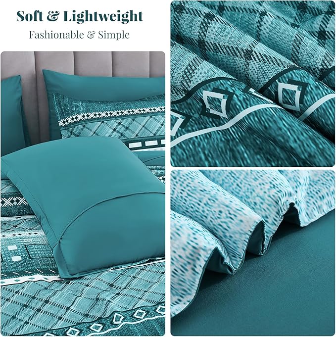 WONGS BEDDING 8 Piece King Size Comforter Set, Teal Texture Striped Bed in a Bag Comforter and Sheet Set, Boho Lightweight Microfiber Bedding Set for All Season (90"×104")