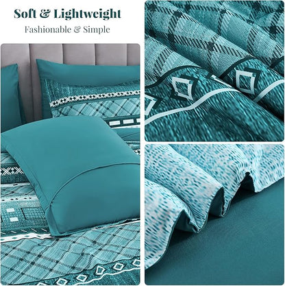 WONGS BEDDING 8 Piece King Size Comforter Set, Teal Texture Striped Bed in a Bag Comforter and Sheet Set, Boho Lightweight Microfiber Bedding Set for All Season (90"×104")