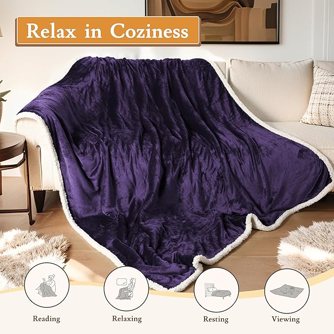 Electric Heated Blanket 72"x84" Full Size Flannel & Sherpa - 4 Heat Settings & 10H Auto Shut Off for Safe Overnight Use, Fast Heating, Machine Washable for Bed, Couch, Office - Purple