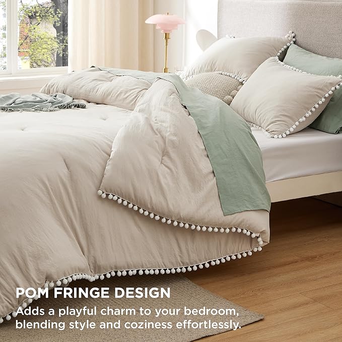 Bedsure Twin/Twin XL Comforter Set - Linen Pom Pom Comforter, 2 Pieces Shabby Chic Bedding Comforter Set for All Seasons, Fluffy Soft Bedding Set with 1 Pillow Sham