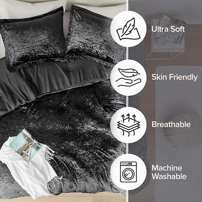 Comfort Spaces Juliette Luxe Comforter Set Velvet Lush with Soft Brushed Microfiber Reverse, All Season Cozy Velvet Bedding Sets, Fluffy Comforter Bed Set, Matching Sham, Black Twin/Twin XL 2 Piece