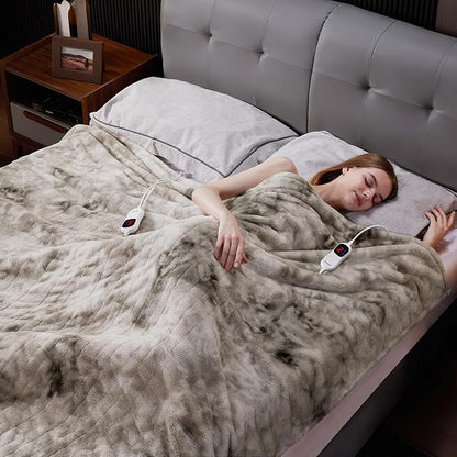 Guohaoi Heated Blanket Electric Throw, Soft Faux Rabbit Fur Electric Blanket with 10 Heating Levels 5 Sitting Timer Auto Off, Dual-Controller Heating Blankets, Machine Washable(90"×100" Light Grey)