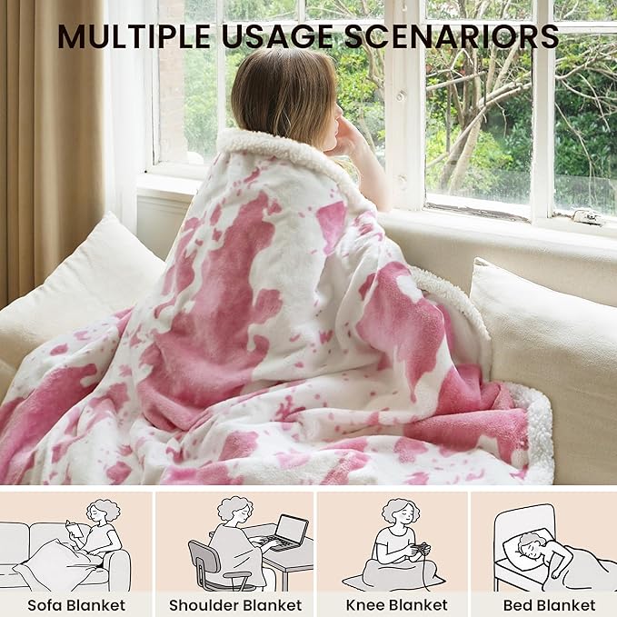 Heated Blanket Throw Electric Blanket with Foot Pocket, GentleSoft Flannel Blanket Throw with 10 Heating Settings,10 Hours Auto Off, Cow Print Cozy Soft, Washable, Warm Gifts (50x62 Inch Pink)