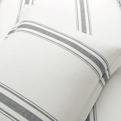 Lush Decor Farmhouse Stripe Reversible Cotton Comforter Set - 3 Piece Cozy Pinstripe Bedding Set - Classic Modern Rustic Charm Bedroom Decor - King, Dark Gray