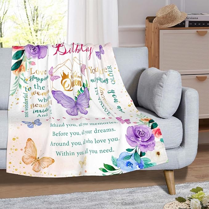 Birthday Gifts for Women, Happy Birthday Presents for Women Friendship Throw Blanket 50"X60", Best Birthday Queen Gifts Ideas for Mom Female Friend Wife Sister, Butterfly Bday Decorations for Woman