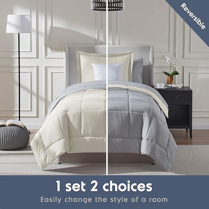 Nestl 5 Piece Twin Comforter Set – Off White Reversible Bed in a Bag – Complete Twin Size Bedding Set with Sheets, Pillowcase and Sham