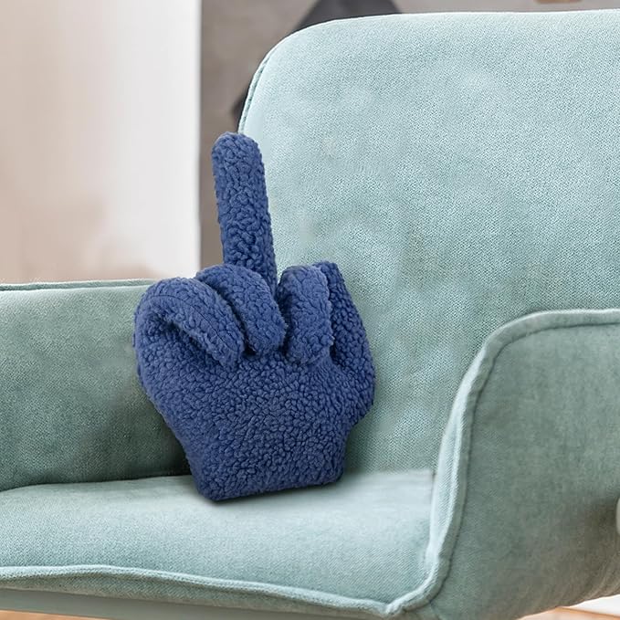 Menkxi Small Middle Finger Decorative Pillow 13.78 x 9.84 in Funny Shaped Sherpa Fleece Throw Pillow Warm Soft Emoticon Cushion Middle Finger Decor for Couch Gag Gift(Navy Blue)