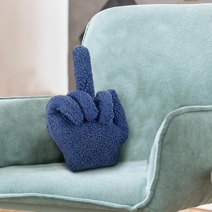 Menkxi Small Middle Finger Decorative Pillow 13.78 x 9.84 in Funny Shaped Sherpa Fleece Throw Pillow Warm Soft Emoticon Cushion Middle Finger Decor for Couch Gag Gift(Navy Blue)