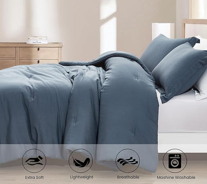 Chezmoi Collection Cliff 3-Piece Lightweight Cooling Comforter Set, Queen- Rayon Derived from Bamboo & Polyester Blended, Soft Breathable Bedding for Hot Sleepers, Steel Blue